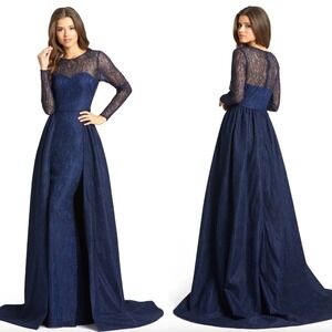 Mac Duggal Lace Long Sleeve Overskirt Gown In Navy 12356 Size 14 New